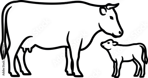A cow and a calf standing together in a simple line drawing