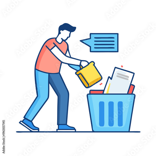 Man aggressively deleting digital files and documents, illustrating data cleanup, system decluttering, and efficient file disposal.
