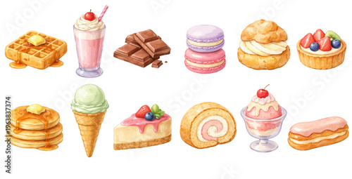 Watercolor sweet dessert collection illustration, cakes pastries ice cream and confectionery isolated on white background.