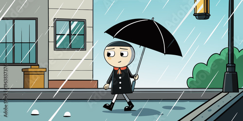 Person with Black Umbrella on Wet Street