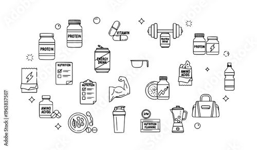 Fitness Nutrition and Sport Supplements Outline Icons Editable Stroke Gym Nutrition Vector Set