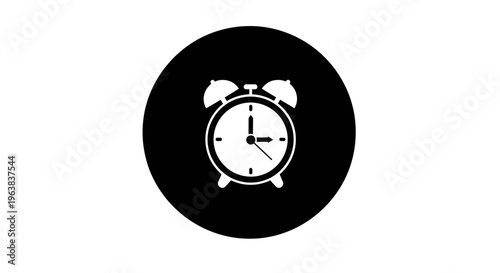 Alarm Clock Icon Vector Illustration, Flat Minimalist Black and White Graphic in Circle for Time Management, Deadlines, and Schedule Concepts