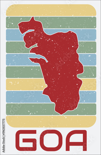 Goa, India vintage logo. Shape of the state on retro colored stripes background. Goa, India map design with grunge scratch texture. Vector illustration.