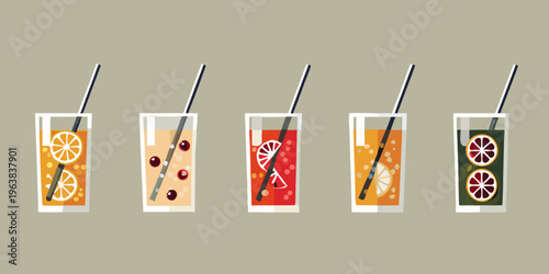 Five colorful fruit drinks in tall glasses with striped straws