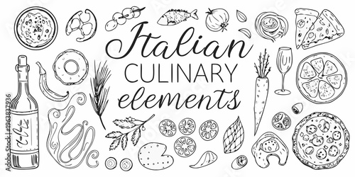 A hand drawn collection of italian culinary elements and food items