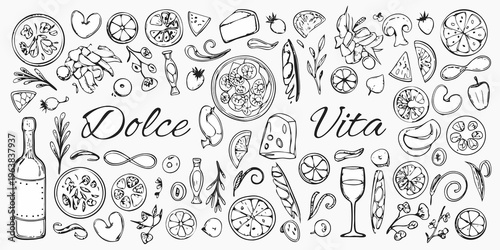 A hand drawn collection of food and drink items in black and white