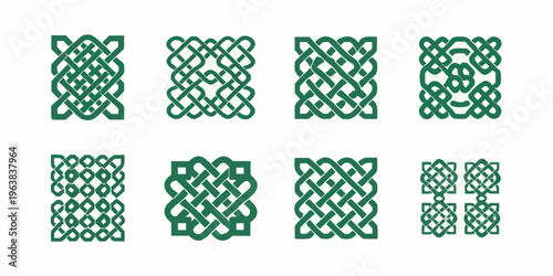 Eight green celtic knot designs arranged in a grid pattern