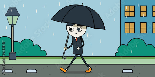 Person with Black Umbrella on Wet Street