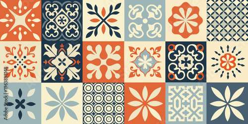 A colorful grid of repeating ornamental tile patterns in pastel shades