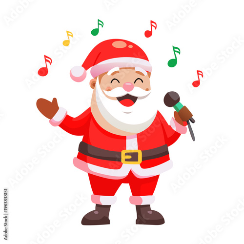 Happy Santa Claus character singing into a microphone with musical notes floating around on a simple white background for holiday celebrations.