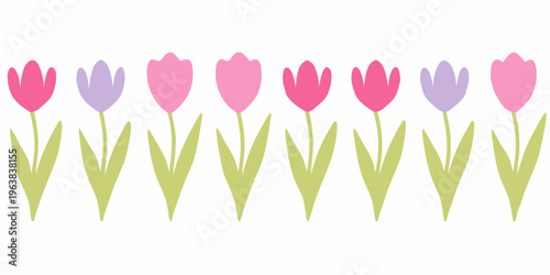 A row of colorful tulips with simple green stems and leaves