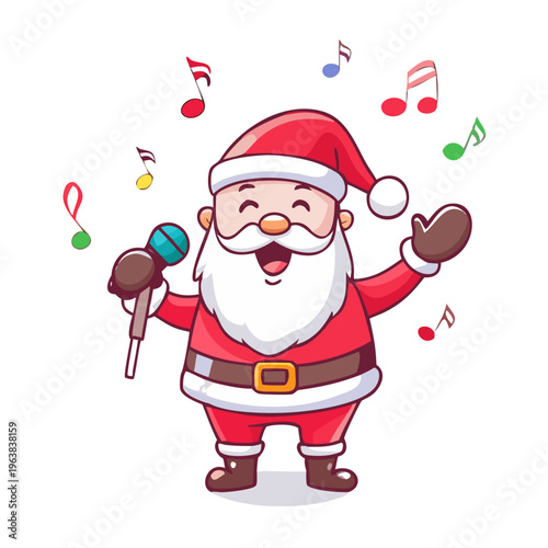 Happy Santa Claus character singing into a microphone with musical notes floating around on a simple white background for holiday celebrations.