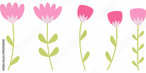 A collection of stylized pink flowers with green stems and leaves