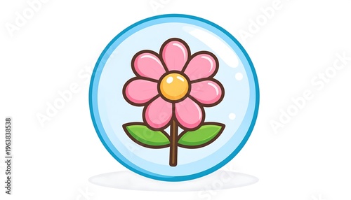 A cartoon-style illustration of a pink daisy enclosed within a transparent blue bubble on a white backdrop