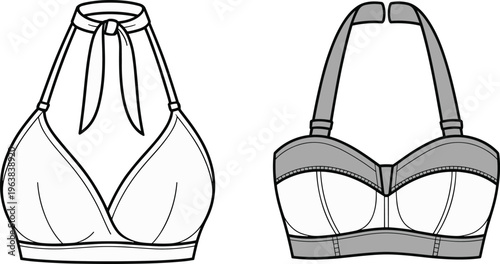 Flat vector fashion bikini top technical sketch halter sweetheart design illustration