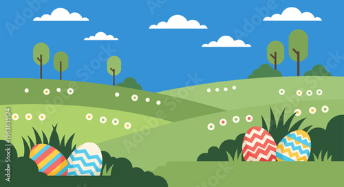 easter eggs hidden in a vibrant spring landscape with rolling green hills and trees ideal for a festive egg hunt illustration.
