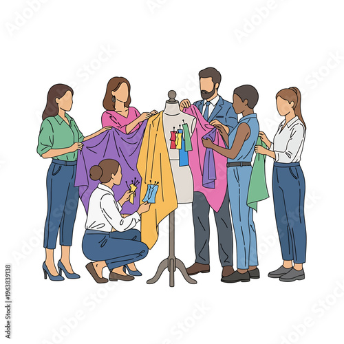 fashion design team collaborating on new textile patterns around a mannequin demonstrating teamwork and creative process.