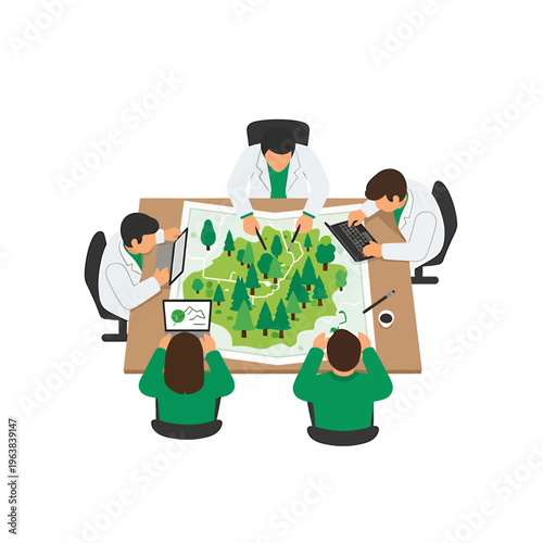 environmental management specialists conducting forest conservation team planning leveraging ecological analysis for sustainable development.