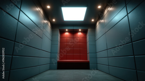 Padded cell room with teal acoustic wall panels and red cushioned alcove under ceiling light, empty interior with recessed spotlights creating moody contrast and clean modern design