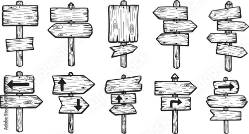 A collection of 10 black hand-sketched wooden signpost icons featuring various directional arrows, multiple boards per post, and a rustic textured wood grain effect isolated on white.