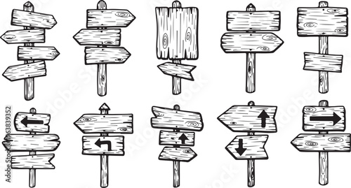 A collection of 10 black hand-sketched wooden signpost icons featuring various directional arrows, multiple boards per post, and a rustic textured wood grain effect isolated on white.