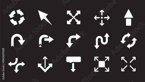 A collection of 15 clean white interface icons on a black background, featuring various arrow styles such as curved, looping, expanding, and four-way directional pointers for digital navigation.