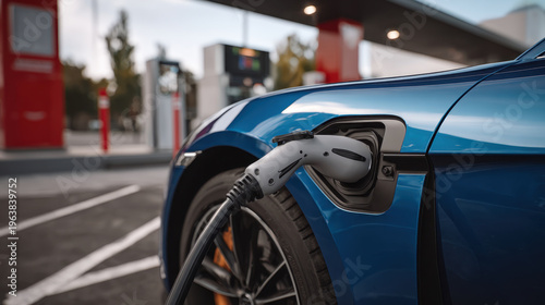 Blue electric car charging at public DC fast charging station with cable connected to port, urban forecourt, modern vehicle and sustainable transportation mood