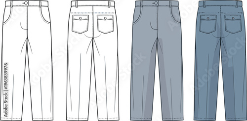 Technical denim pants fashion sketch with pockets seams waistband design flat vector