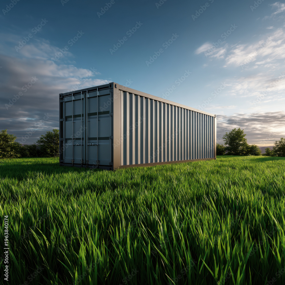 Fototapeta premium Shipping container in grassy meadow at sunset with soft sky and distant trees, peaceful outdoor storage scene