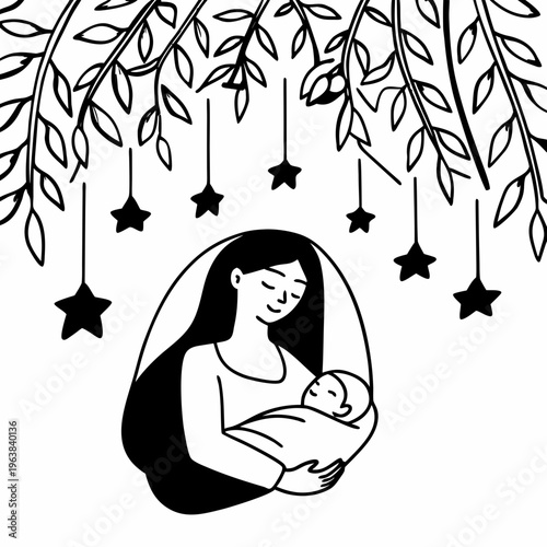 Peaceful illustration of a mother breastfeeding her infant baby, surrounded by soft leaves and star shapes in a nurturing environment.
