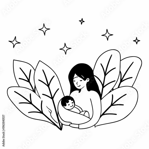 Peaceful illustration of a mother breastfeeding her infant baby, surrounded by soft leaves and star shapes in a nurturing environment.
