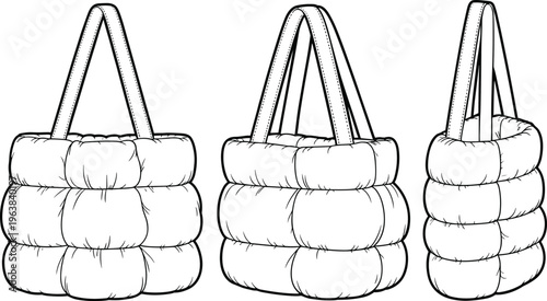 Technical puffer tote bag fashion sketch quilted padded design flat vector