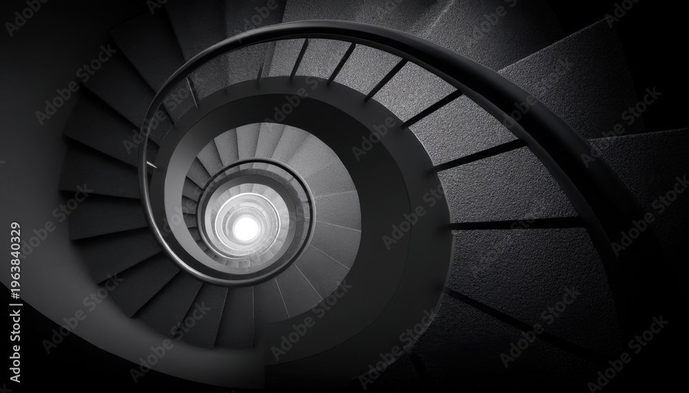 Fototapeta premium Spiral staircase spiral staircase top down circular stairwell monochrome architectural abstract minimal light contrast