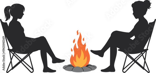 People sitting near campfire silhouettes outdoor camping scene flat vector illustration