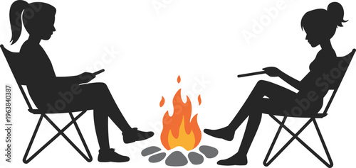People sitting using smartphones near campfire outdoor camping flat vector illustration