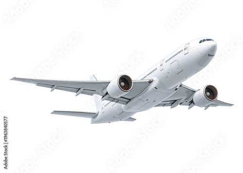 Airplane soars through clear sky with wings outstretched flying high
