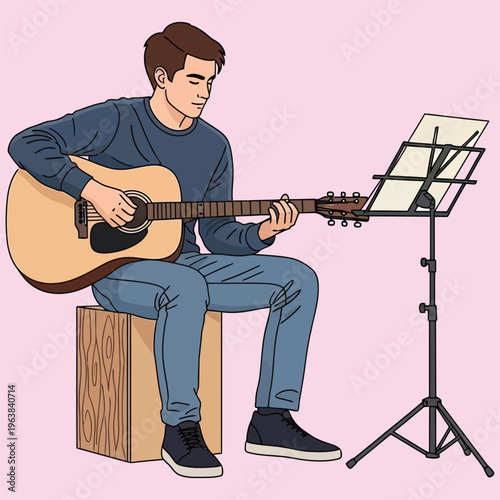 Young man playing acoustic guitar with sheet music stand, musician practicing song.