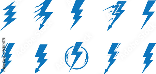A dynamic collection of blue lightning bolt silhouettes and electrical spark icons on a white background.