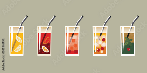 A collection of five differently flavored refreshing drinks in tall glasses