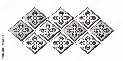 Hand drawn sketch of repeating diamond shapes with floral motifs