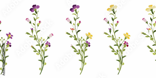 Delicate wildflower stems with purple yellow and pink blossoms