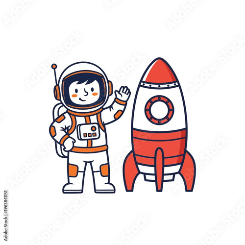 A cute cartoon astronaut waving next to a red and white rocket, ready for space travel.