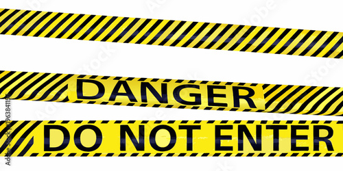 Yellow and black caution tape with warning messages danger do not enter