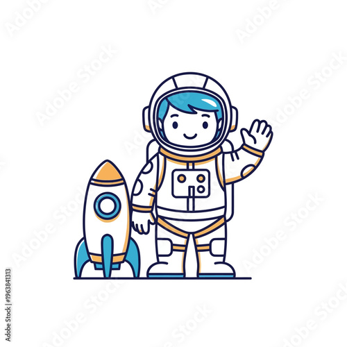 A cute cartoon astronaut in a spacesuit waving next to a small rocket, ready for space exploration.