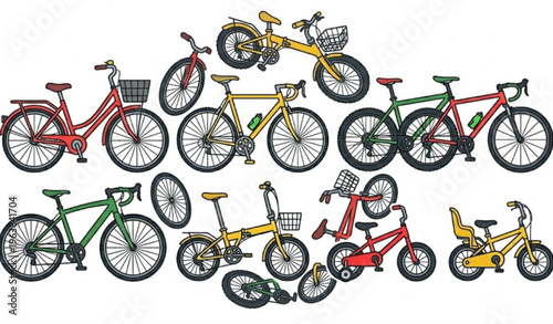 Cartoon bicycle collection in circular layout colorful eco transport bikes for active lifestyle vector illustration