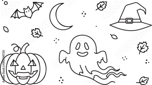 Halloween icons with ghost, pumpkin, bat, and witch hat