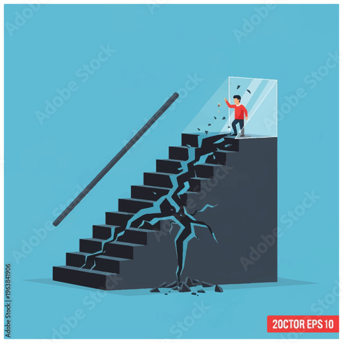 Man Standing on Broken Staircase Illustration.