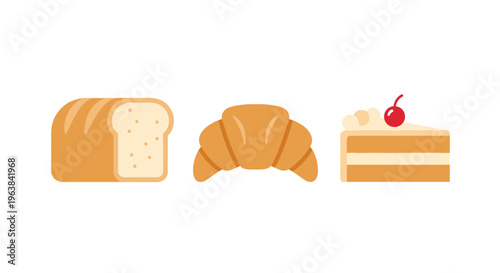 A digital illustration shows bread, croissant, and cake on a white background for baking.