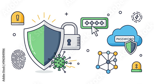 Digital illustration of cybersecurity elements protect against malware and viruses online.