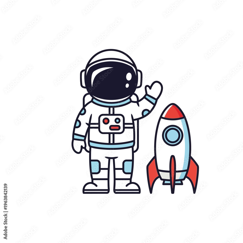 Fototapeta premium A cartoon astronaut in a white spacesuit waving next to a small red and white rocket, on a white background.